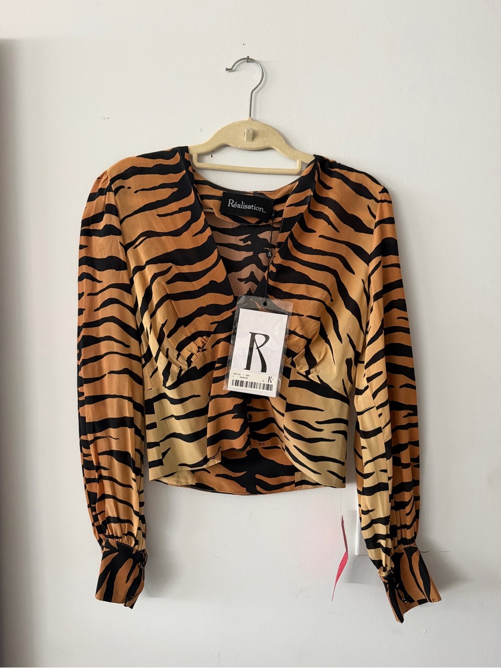 Realisation Par Tiger-Striped V-Neck Long Sleeve Blouse in Brown and Black